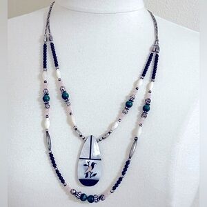 Vintage 90s Southwest Native American Silver Double Strand Beaded Bird Necklace